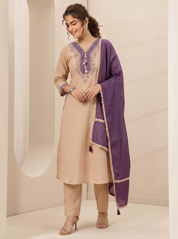 Cream Embroidered Cotton A-Line Suit Set for Women with Purple Dupatta