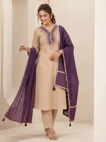 Cream Embroidered Cotton A-Line Suit Set for Women with Purple Dupatta