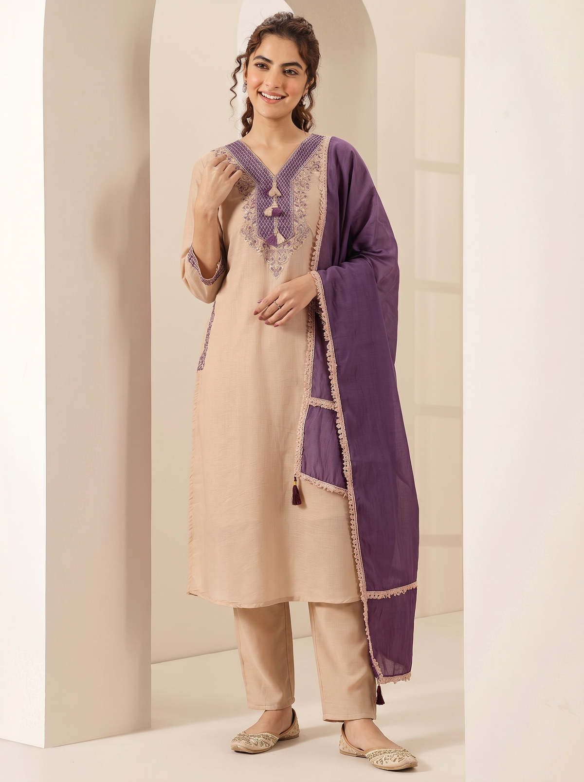 Cream Embroidered Cotton A-Line Suit Set for Women with Purple Dupatta