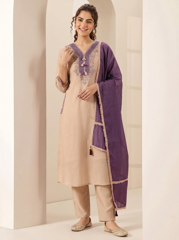 Cream Embroidered Cotton A-Line Suit Set for Women with Purple Dupatta