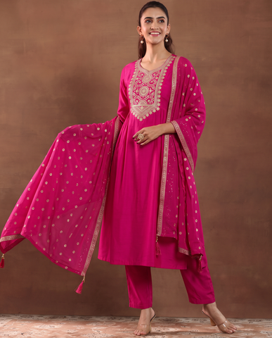 Traditional Pink Embroidered Work Kurta Suit Set with Dupatta