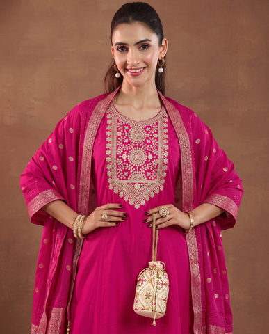 Traditional Pink Embroidered Work Kurta Suit Set with Dupatta