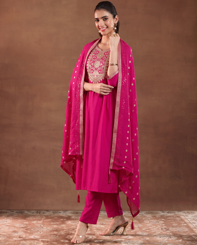 Traditional Pink Embroidered Work Kurta Suit Set with Dupatta