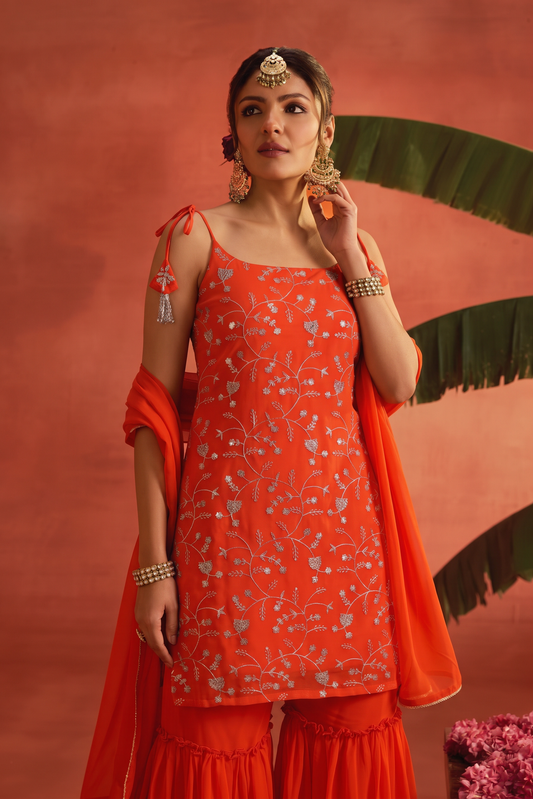 Orange Full Heavy Embroidered Sharara Suit Set For Women With Dupatta