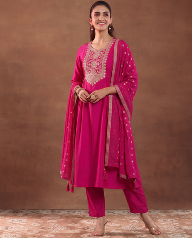 Traditional Pink Embroidered Work Kurta Suit Set with Dupatta