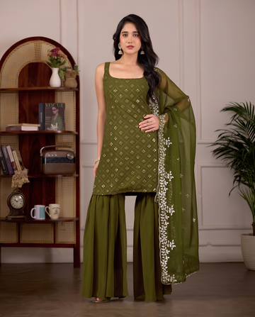 Charming Pastel Green Embroidered Kurta And Sharara Suit Set with Dupatta