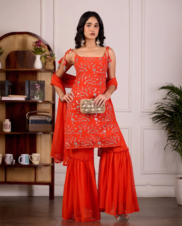 Vibrant Orange Embroidered Sharara Suit with Dupatta for Women
