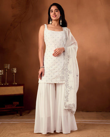 Graceful White Embroidered Kurta And Sharara Set With Dupatta