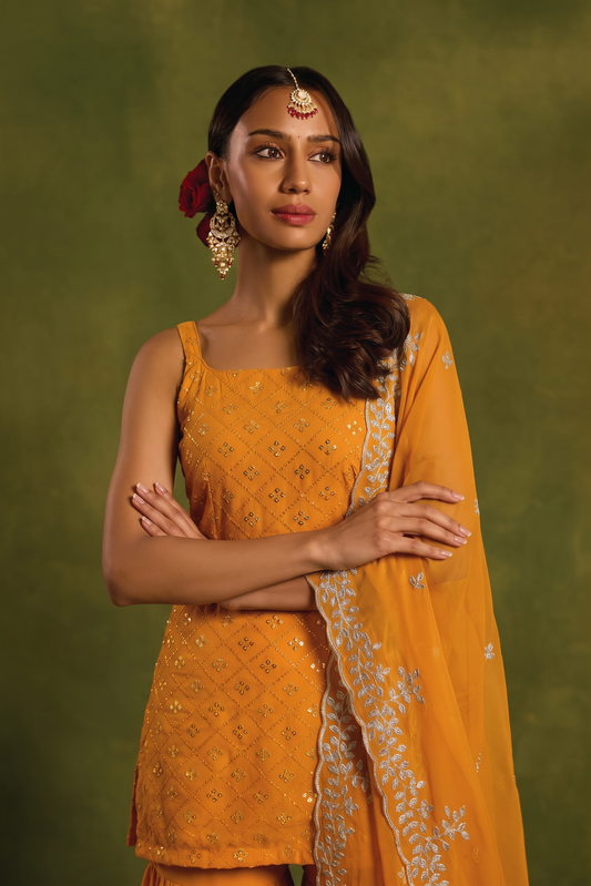 Mustard Heavy Embroidered Sharara Suit Set For Women With Dupatta