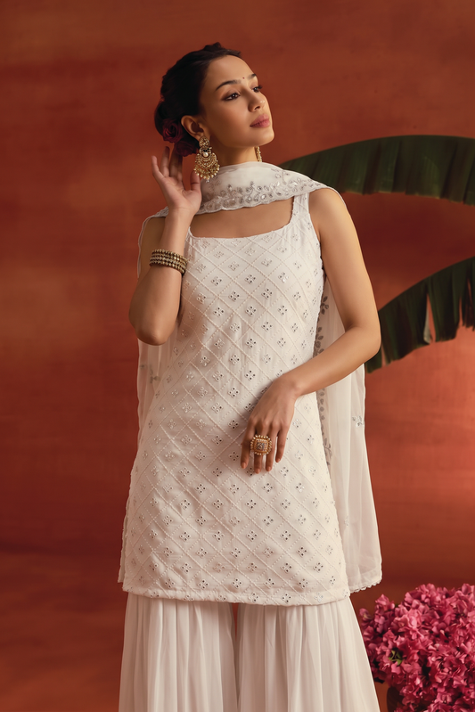 White Heavy Embroidered Sharara Suit Set For Women With Dupatta