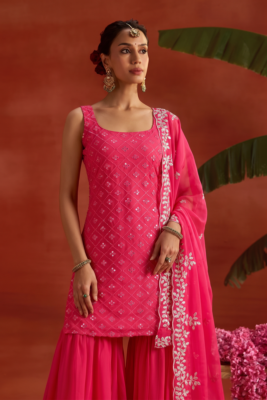 Pink Heavy Embroidered Sharara Suit Set For Women With Dupatta
