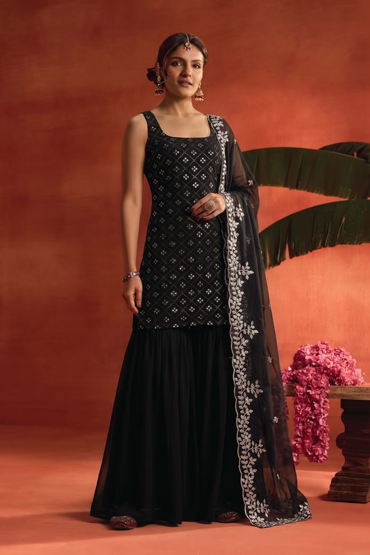 Black Heavy Embroidered Sharara Suit Set For Women With Dupatta