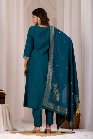 Gorgeous Navy Blue Embroidery Neck Design Cotton A-Line Kurta Set With Dupatta
