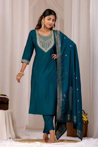 Gorgeous Navy Blue Embroidery Neck Design Cotton A-Line Kurta Set With Dupatta