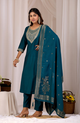 Gorgeous Navy Blue Embroidery Neck Design Cotton A-Line Kurta Set With Dupatta