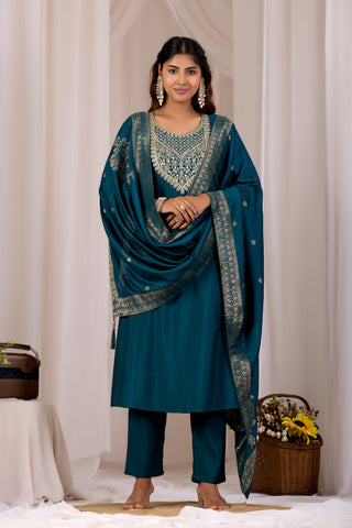 Gorgeous Navy Blue Embroidery Neck Design Cotton A-Line Kurta Set With Dupatta