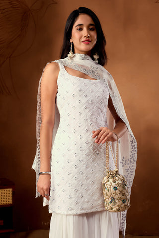 Graceful White Embroidered Kurta And Sharara Set With Dupatta