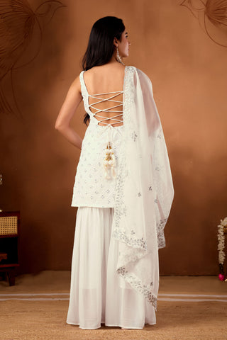 Graceful White Embroidered Kurta And Sharara Set With Dupatta