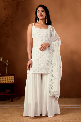 Graceful White Embroidered Kurta And Sharara Set With Dupatta