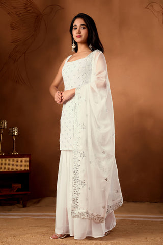 Graceful White Embroidered Kurta And Sharara Set With Dupatta