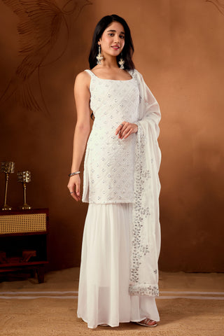 Graceful White Embroidered Kurta And Sharara Set With Dupatta