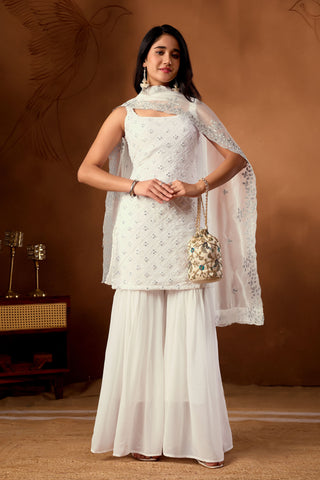 Graceful White Embroidered Kurta And Sharara Set With Dupatta