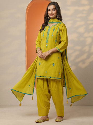 Lemon Green Embroidery Worked Short Kurta Suit Set With Dupatta