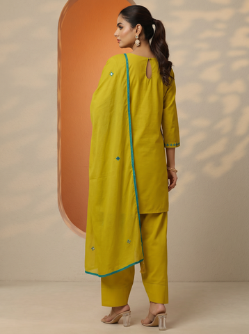 Lemon Green Embroidery Worked Short Kurta Suit Set With Dupatta