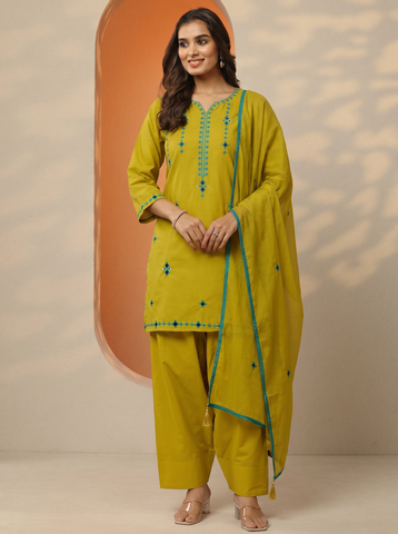 Lemon Green Embroidery Worked Short Kurta Suit Set With Dupatta
