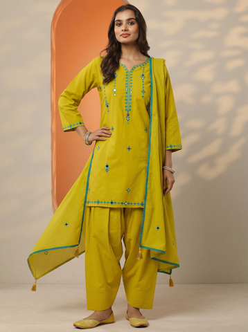 Lemon Green Embroidery Worked Short Kurta Suit Set With Dupatta