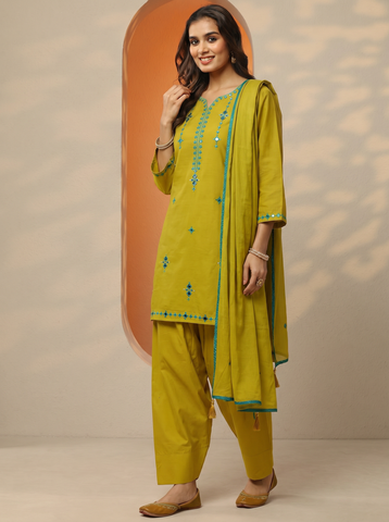 Lemon Green Embroidery Worked Short Kurta Suit Set With Dupatta
