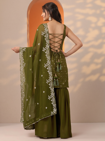 Mehendi Heavy Embroidered Sharara Suit Set For Women With Dupatta