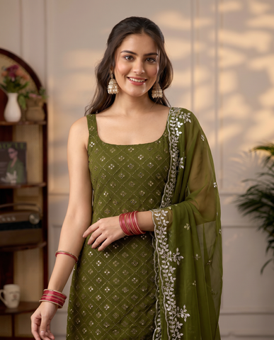 Mehendi Heavy Embroidered Sharara Suit Set For Women With Dupatta