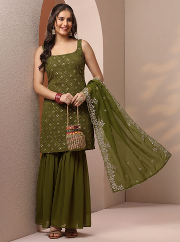 Mehendi Heavy Embroidered Sharara Suit Set For Women With Dupatta