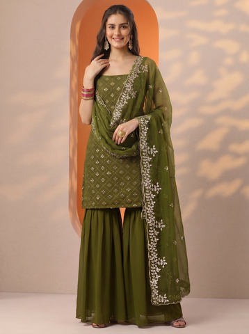 Mehendi Heavy Embroidered Sharara Suit Set For Women With Dupatta