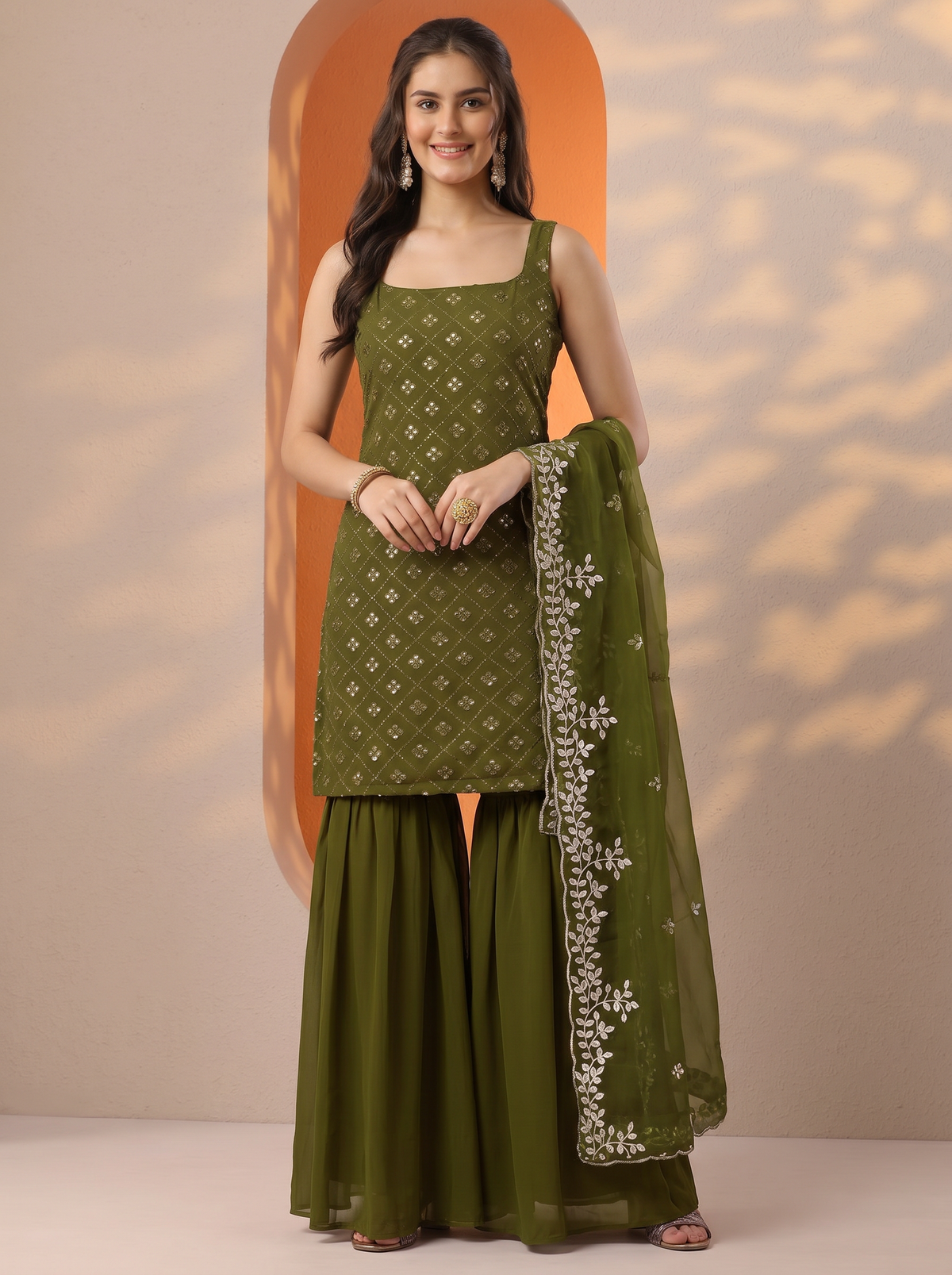 Mehendi Heavy Embroidered Sharara Suit Set For Women With Dupatta