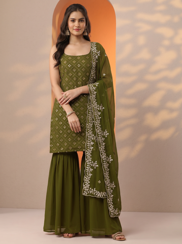 Mehendi Heavy Embroidered Sharara Suit Set For Women With Dupatta