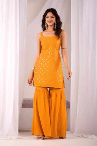 Mustard Georgette Embroidered Kurta And Sharara Suit Set with Dupatta