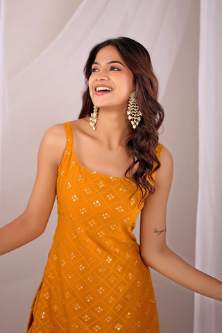Mustard Georgette Embroidered Kurta And Sharara Suit Set with Dupatta