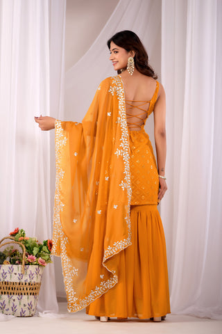 Mustard Georgette Embroidered Kurta And Sharara Suit Set with Dupatta