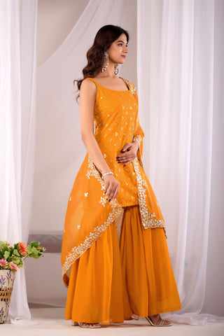 Mustard Georgette Embroidered Kurta And Sharara Suit Set with Dupatta