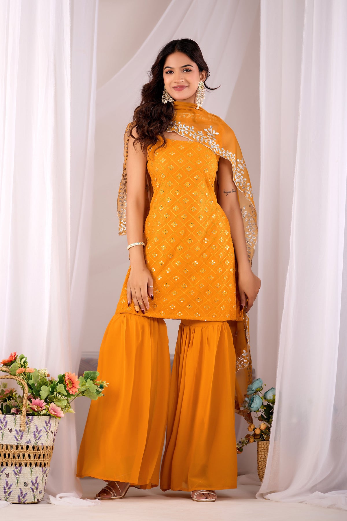 Mustard Georgette Embroidered Kurta And Sharara Suit Set with Dupatta