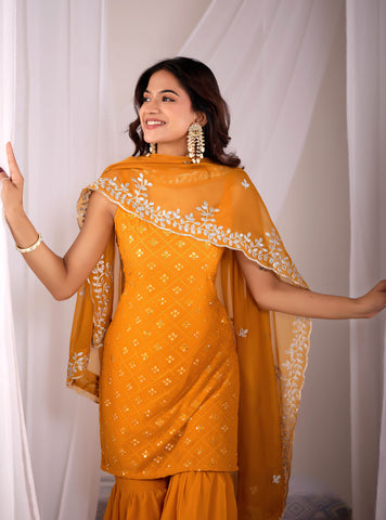 Mustard Georgette Embroidered Kurta And Sharara Suit Set with Dupatta