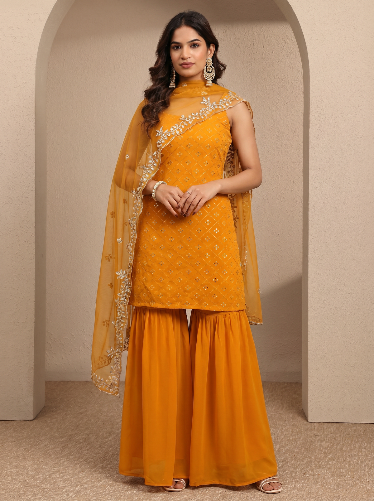 Mustard Heavy Embroidered Sharara Suit Set For Women With Dupatta
