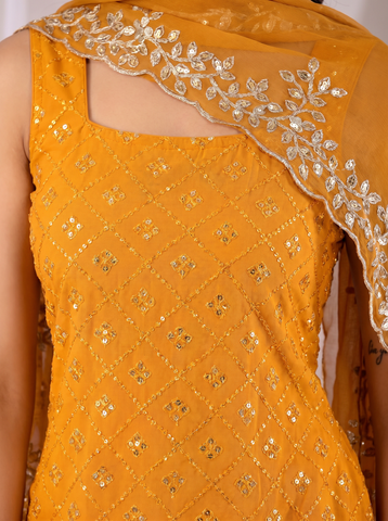 Mustard Heavy Embroidered Sharara Suit Set For Women With Dupatta
