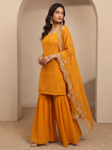 Mustard Heavy Embroidered Sharara Suit Set For Women With Dupatta