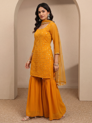 Mustard Heavy Embroidered Sharara Suit Set For Women With Dupatta