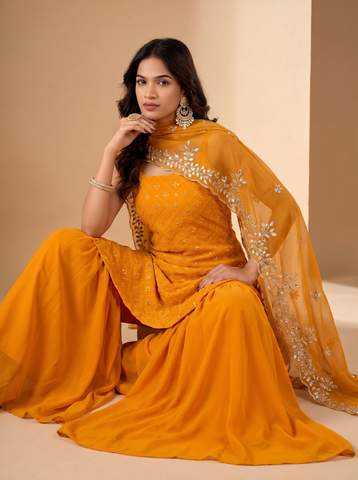 Mustard Heavy Embroidered Sharara Suit Set For Women With Dupatta