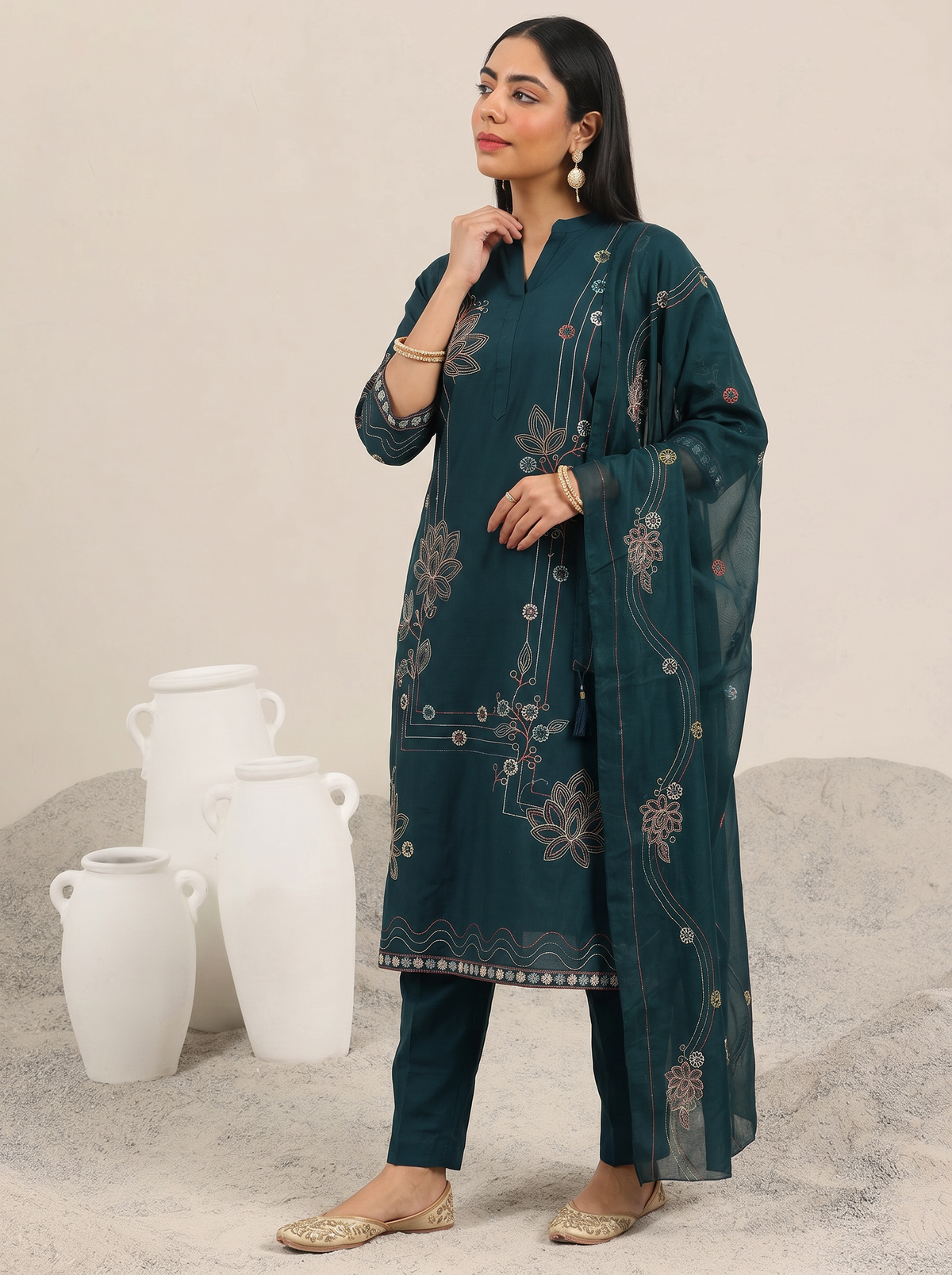 Navy Blue Embroidered Cotton A-Line Kurta Set for Women with Dupatta