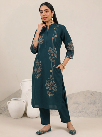 Navy Blue Embroidered Cotton A-Line Kurta Set for Women with Dupatta